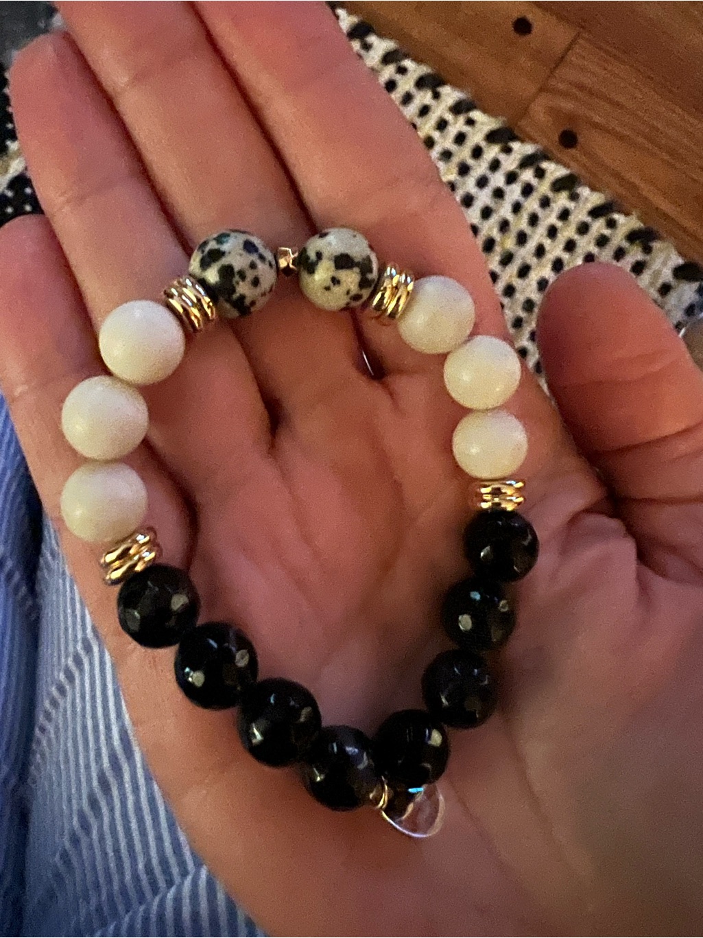 Dalmatian Jasper And Black Onyx Beaded Bracelet - Gold Accent